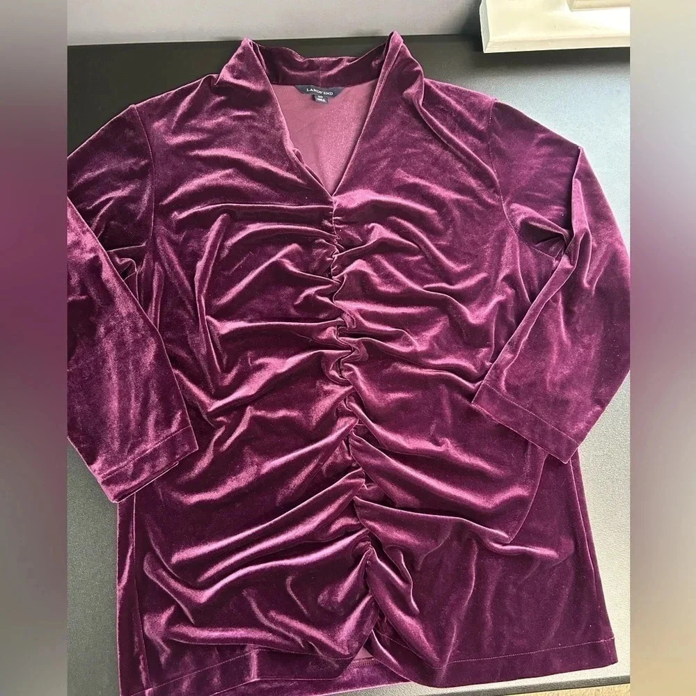 Lands' End  Women’s 14W Purple Velvet Ruched V Neck‎ Top Whimsigoth Witchy - Picture 7 of 13
